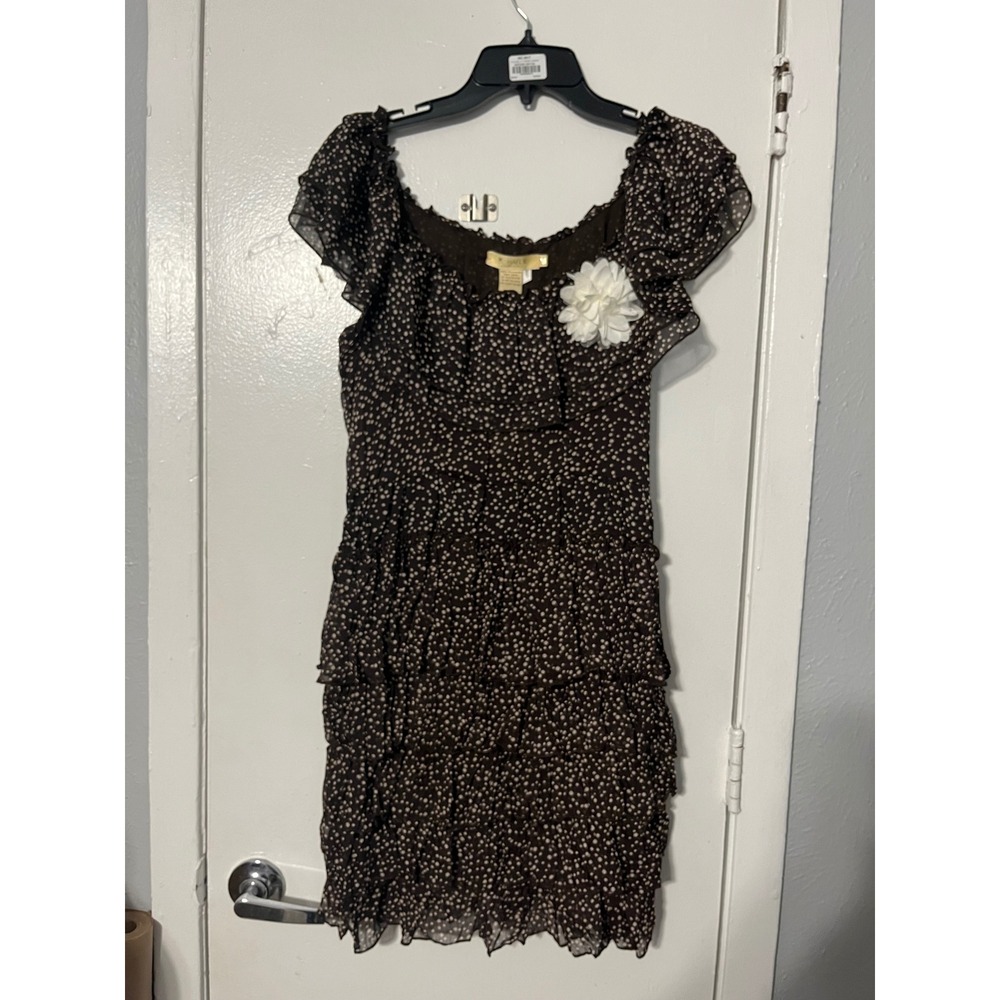 Michael K Brown Polka Dot Tiered‎ Ruffle Mini Dress Off Shoulder Flower NWT M